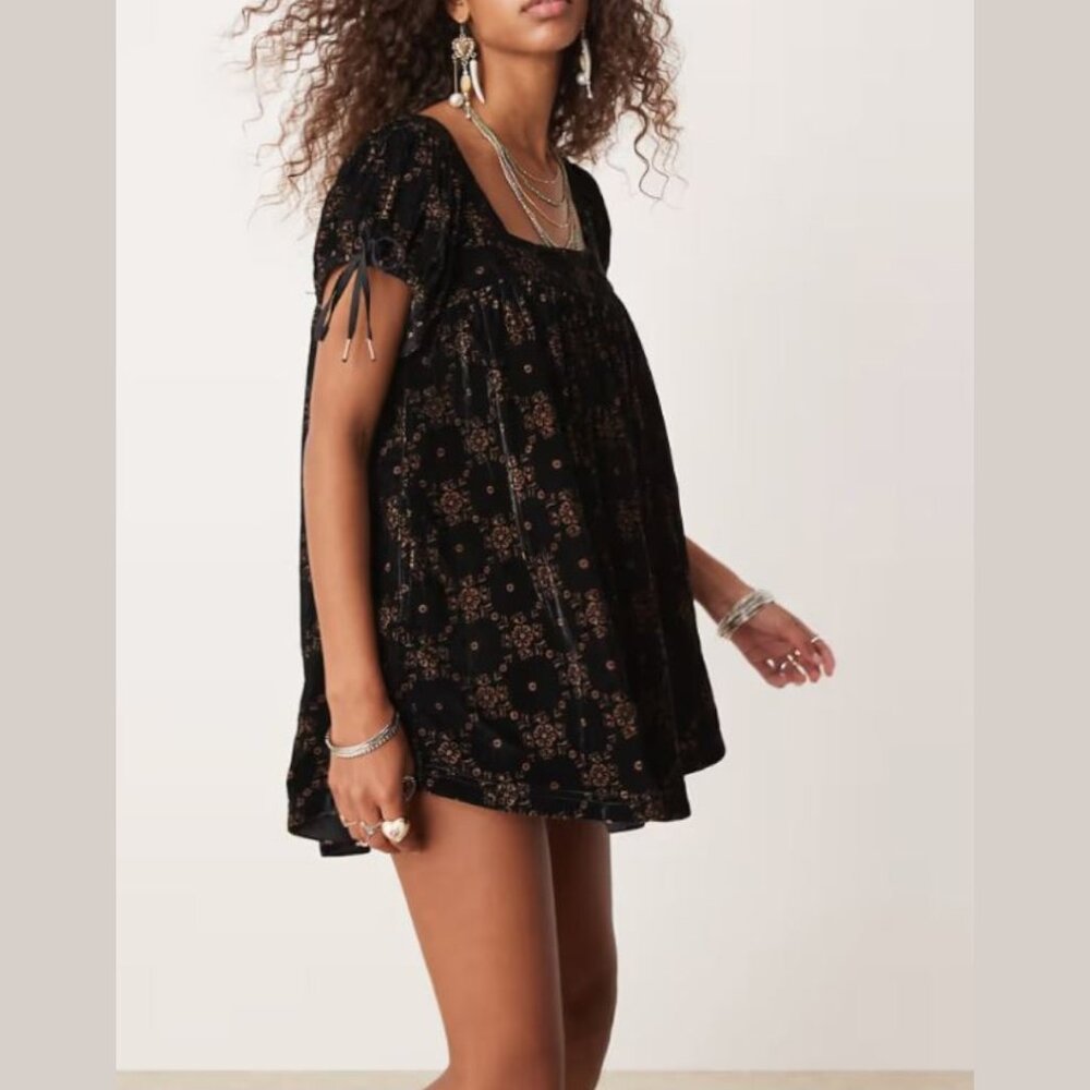 Free People Black Mini Dress with Brown Floral Print